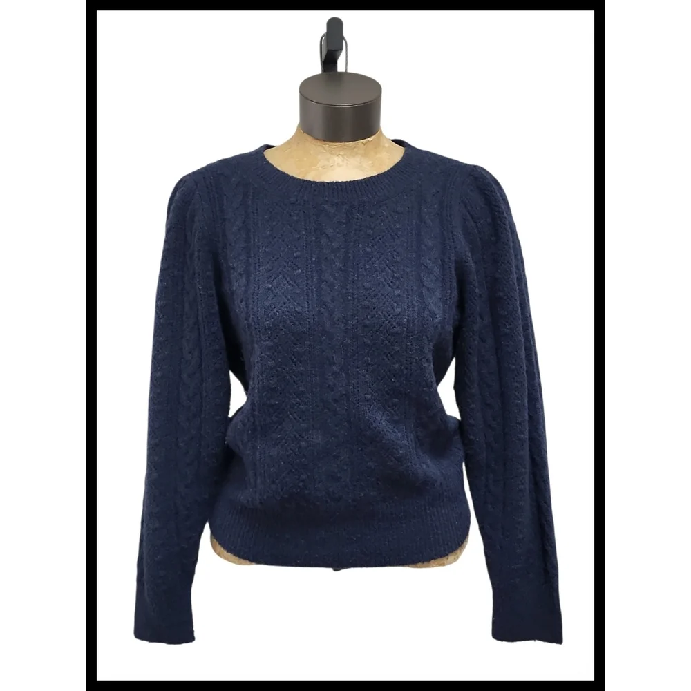 J. Crew Pointelle Cableknit Sweater Wool Alpaca Blend Navy Blue Size Medium